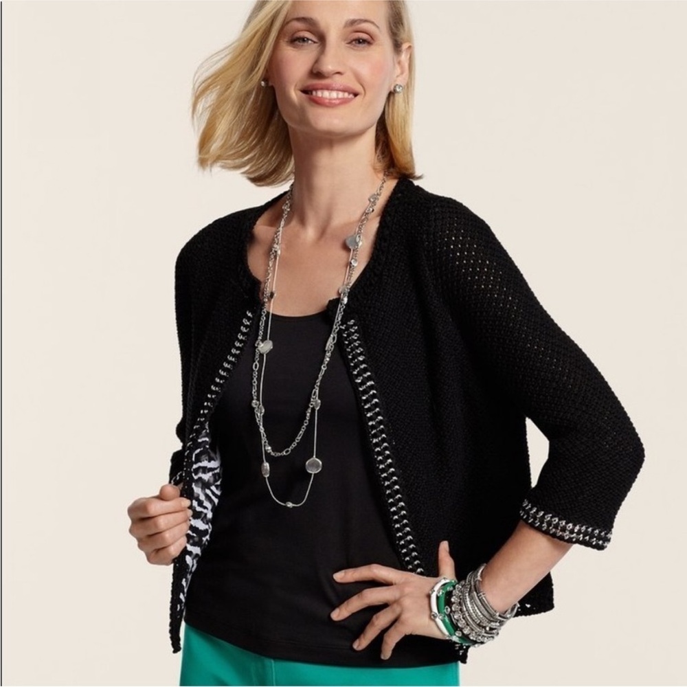 Chico’s Black Kiernan Cardigan Sweater Zebra Lined Size 3 (16/18-XL) Momcore
